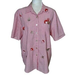 Women Red White Striped Nautical Embroidered Shells Short Sleeve Button Front Lg